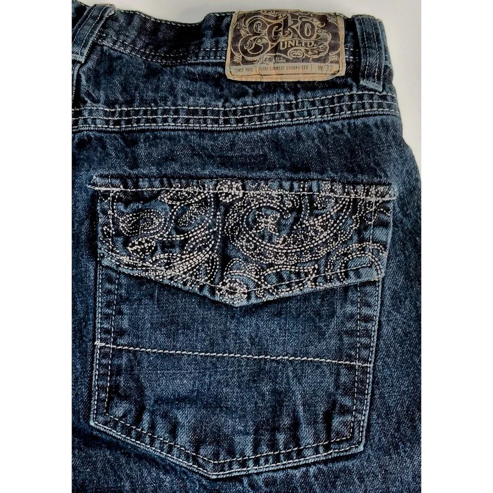 Y2K Ecko Unltd Denim Shorts Mens 32 Blue Baggy Embroidered Pockets Jorts